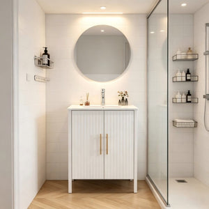 English Elm 24 Inch Glossy White Wavy Cabinet Bathroom Vanity with Sink and Gold Hardware W3151S00085