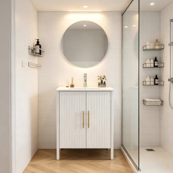 English Elm 24 Inch Glossy White Wavy Cabinet Bathroom Vanity with Sink and Gold Hardware W3151S00085