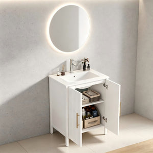 English Elm 24 Inch Glossy White Wavy Cabinet Bathroom Vanity with Sink and Gold Hardware W3151S00085