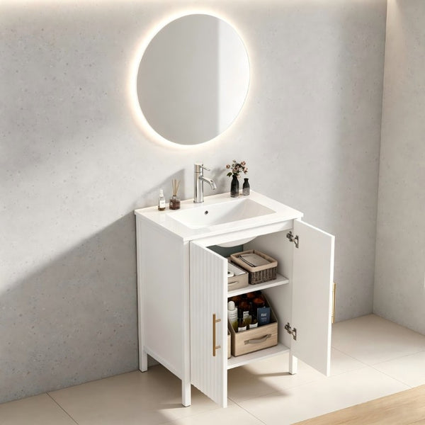 English Elm 24 Inch Glossy White Wavy Cabinet Bathroom Vanity with Sink and Gold Hardware W3151S00085