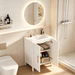 English Elm 24 Inch Glossy White Wavy Cabinet Bathroom Vanity with Sink and Gold Hardware W3151S00085