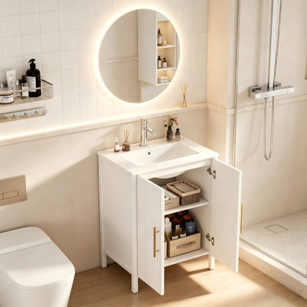 English Elm 24 Inch Glossy White Wavy Cabinet Bathroom Vanity with Sink and Gold Hardware W3151S00085