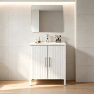 English Elm 24 Inch Glossy White Wavy Cabinet Bathroom Vanity with Sink and Gold Hardware W3151S00085