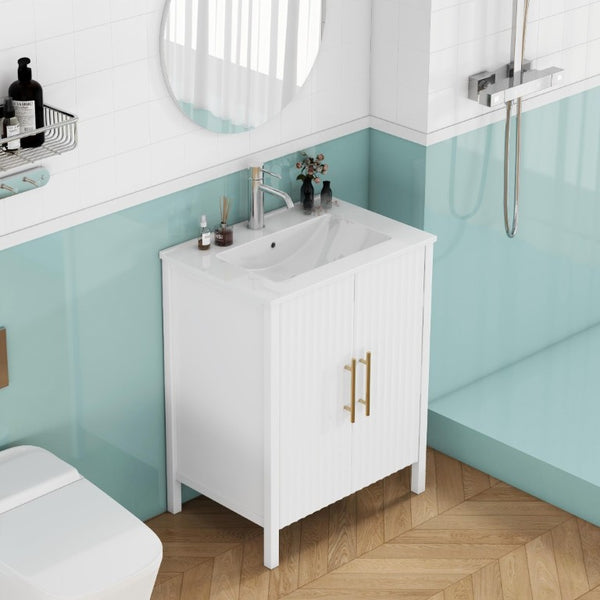 English Elm 24 Inch Glossy White Wavy Cabinet Bathroom Vanity with Sink and Gold Hardware W3151S00085
