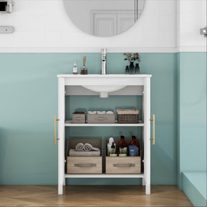 English Elm 24 Inch Glossy White Wavy Cabinet Bathroom Vanity with Sink and Gold Hardware W3151S00085