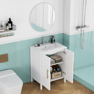 English Elm 24 Inch Glossy White Wavy Cabinet Bathroom Vanity with Sink and Gold Hardware W3151S00085