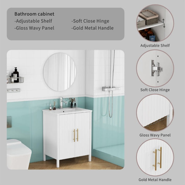 English Elm 24 Inch Glossy White Wavy Cabinet Bathroom Vanity with Sink and Gold Hardware W3151S00085