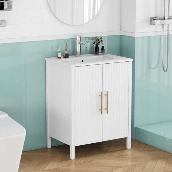 English Elm 24 Inch Glossy White Wavy Cabinet Bathroom Vanity with Sink and Gold Hardware W3151S00085