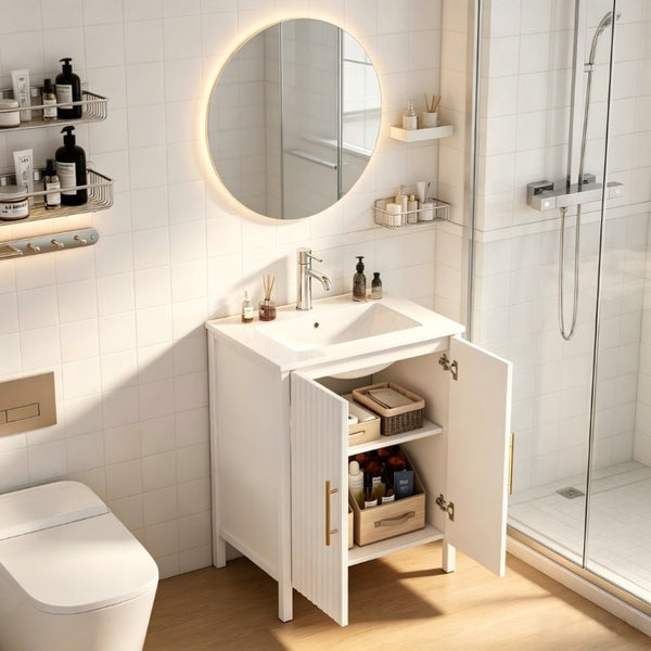 English Elm 24 Inch Glossy White Wavy Cabinet Bathroom Vanity with Sink and Gold Hardware W3151S00085