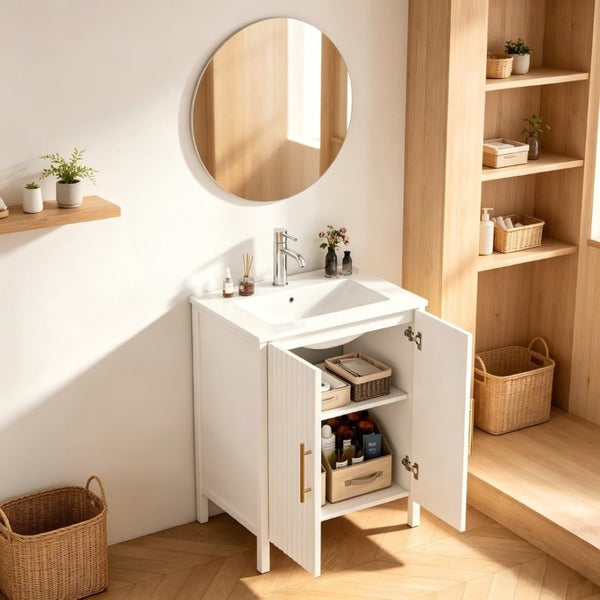 English Elm 24 Inch Glossy White Wavy Cabinet Bathroom Vanity with Sink and Gold Hardware W3151S00085
