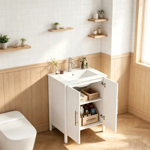 English Elm 24 Inch Glossy White Wavy Cabinet Bathroom Vanity with Sink and Gold Hardware W3151S00085