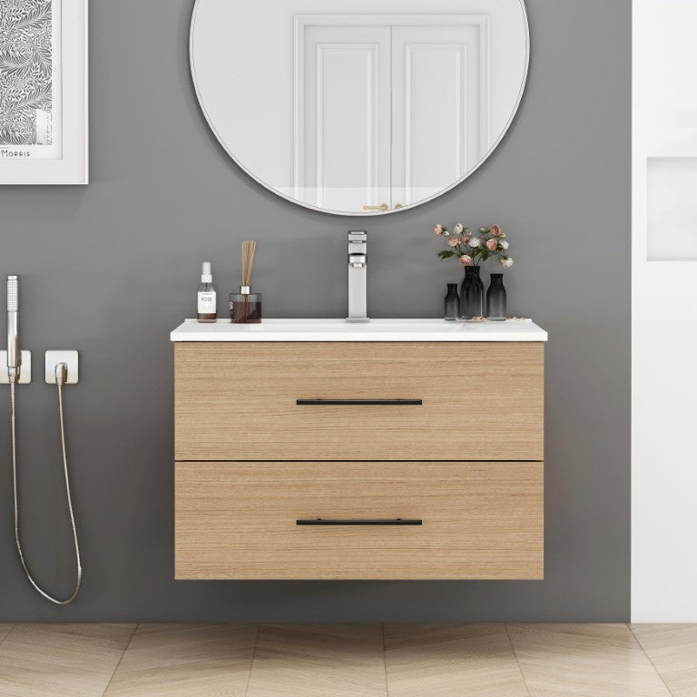 English Elm 30-Inch Wall Mounted Bathroom Vanity with Ceramic Sink Two Drawer Natural Finish W3151S00088