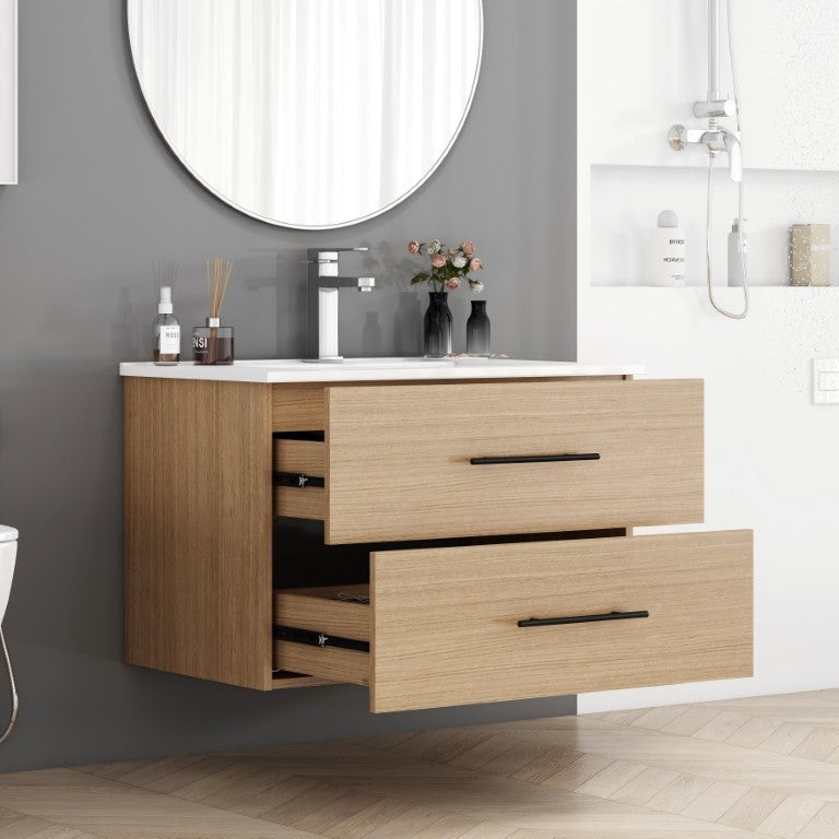 English Elm 30-Inch Wall Mounted Bathroom Vanity with Ceramic Sink Two Drawer Natural Finish W3151S00088