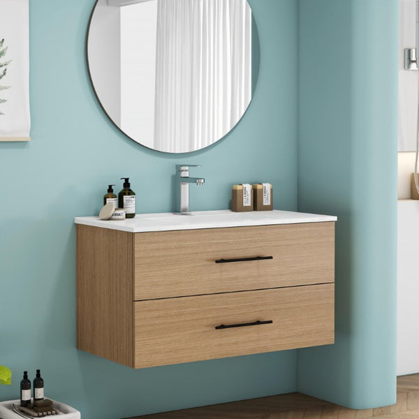 English Elm 36-Inch Floating Bathroom Vanity with Ceramic Sink Wood Texture Drawers Modern Bath W3151S00089
