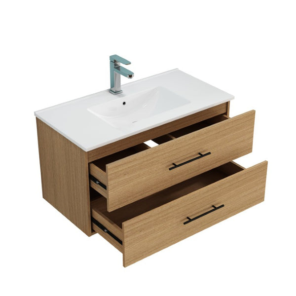 English Elm 36-Inch Floating Bathroom Vanity with Ceramic Sink Wood Texture Drawers Modern Bath W3151S00089