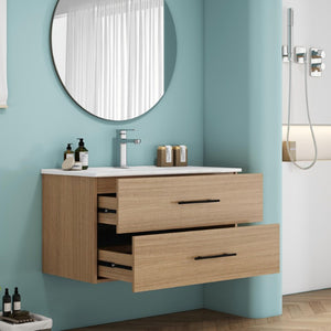 English Elm 36-Inch Floating Bathroom Vanity with Ceramic Sink Wood Texture Drawers Modern Bath W3151S00089