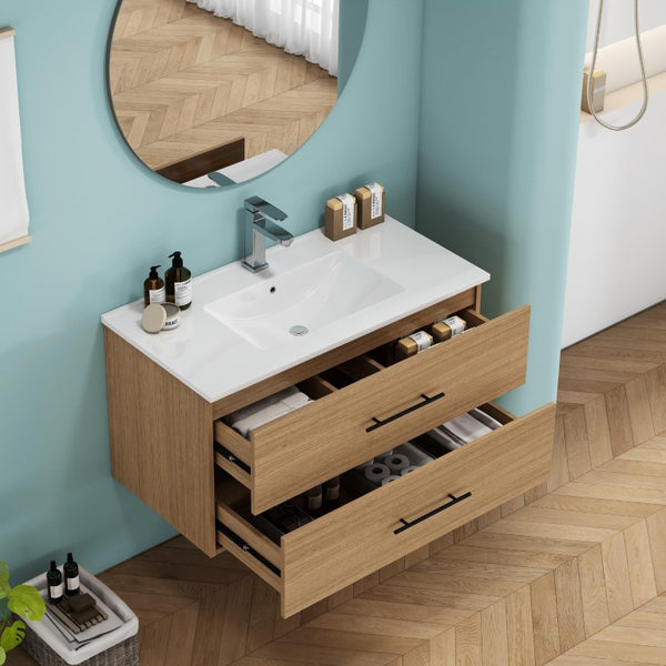 English Elm 36-Inch Floating Bathroom Vanity with Ceramic Sink Wood Texture Drawers Modern Bath W3151S00089
