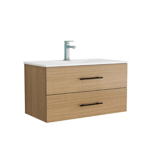 English Elm 36-Inch Floating Bathroom Vanity with Ceramic Sink Wood Texture Drawers Modern Bath W3151S00089
