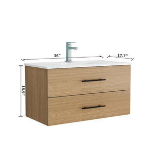 English Elm 36-Inch Floating Bathroom Vanity with Ceramic Sink Wood Texture Drawers Modern Bath W3151S00089