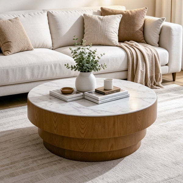 English Elm 31.5" Round Sintered Stone Top Coffee Table Tiered Wood Veneer Base Minimalist Living Room White W3158P489248
