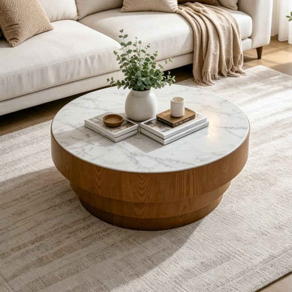 English Elm 31.5" Round Sintered Stone Top Coffee Table Tiered Wood Veneer Base Minimalist Living Room White W3158P489248