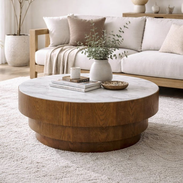 English Elm 31.5" Round Sintered Stone Top Coffee Table Tiered Wood Veneer Base Minimalist Living Room White W3158P489248