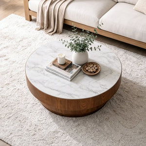 English Elm 31.5" Round Sintered Stone Top Coffee Table Tiered Wood Veneer Base Minimalist Living Room White W3158P489248