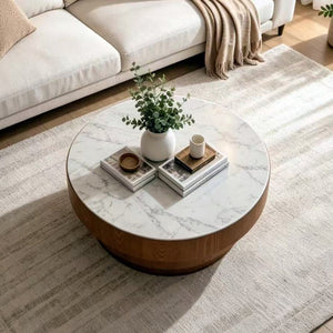 English Elm 31.5" Round Sintered Stone Top Coffee Table Tiered Wood Veneer Base Minimalist Living Room White W3158P489248