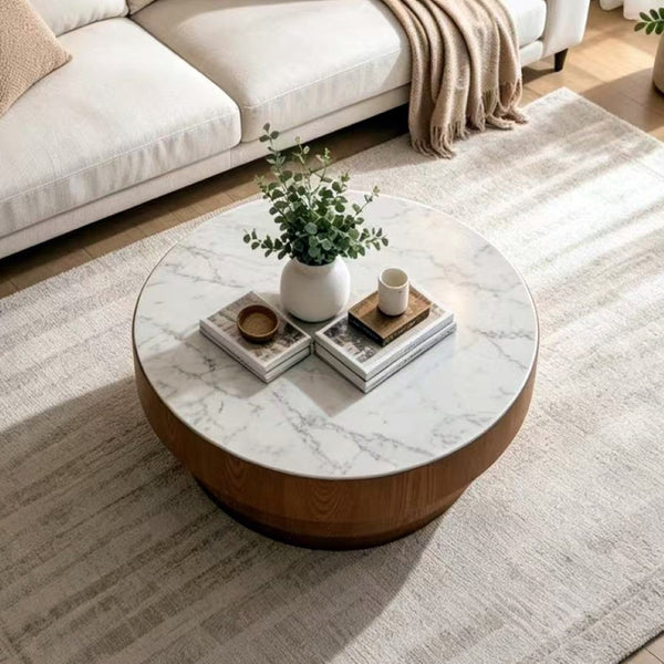 English Elm 31.5" Round Sintered Stone Top Coffee Table Tiered Wood Veneer Base Minimalist Living Room White W3158P489248