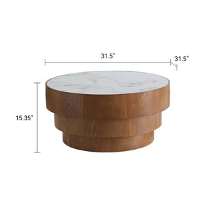 English Elm 31.5" Round Sintered Stone Top Coffee Table Tiered Wood Veneer Base Minimalist Living Room White W3158P489248