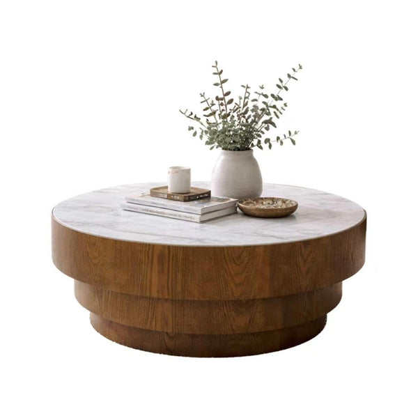 English Elm 31.5" Round Sintered Stone Top Coffee Table Tiered Wood Veneer Base Minimalist Living Room White W3158P489248