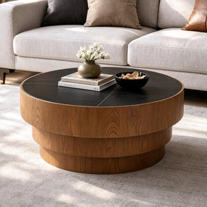English Elm 31.5" Round Sintered Stone Top Coffee Table Tiered Wood Veneer Base Minimalist Living Room Black W3158P489270