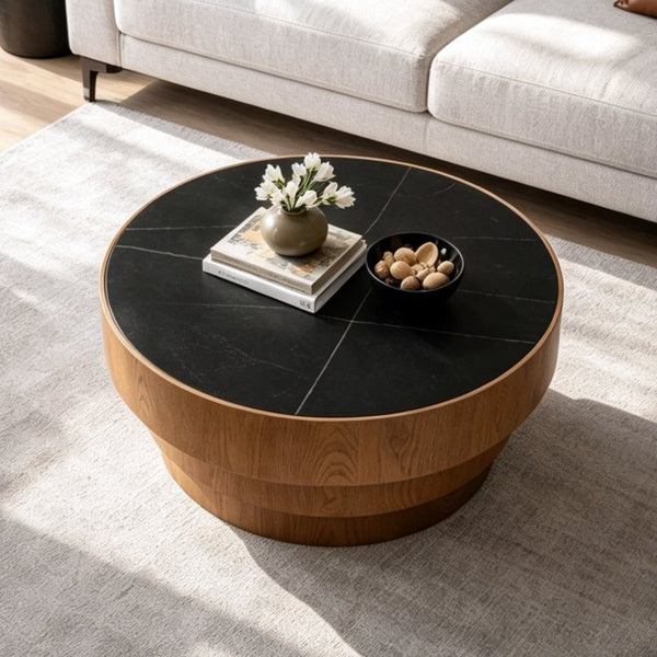 English Elm 31.5" Round Sintered Stone Top Coffee Table Tiered Wood Veneer Base Minimalist Living Room Black W3158P489270