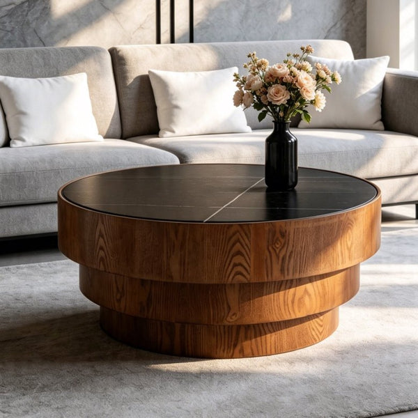 English Elm 31.5" Round Sintered Stone Top Coffee Table Tiered Wood Veneer Base Minimalist Living Room Black W3158P489270