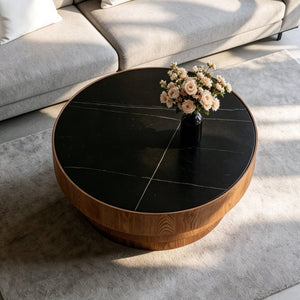 English Elm 31.5" Round Sintered Stone Top Coffee Table Tiered Wood Veneer Base Minimalist Living Room Black W3158P489270