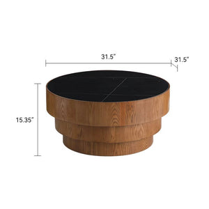 English Elm 31.5" Round Sintered Stone Top Coffee Table Tiered Wood Veneer Base Minimalist Living Room Black W3158P489270