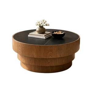English Elm 31.5" Round Sintered Stone Top Coffee Table Tiered Wood Veneer Base Minimalist Living Room Black W3158P489270
