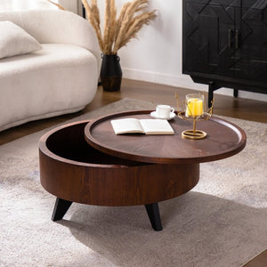 English Elm 30.71 Round Flip Top Storage Coffee Table Solid Wood Radial Grain Mid-Century Modern W3158P489271
