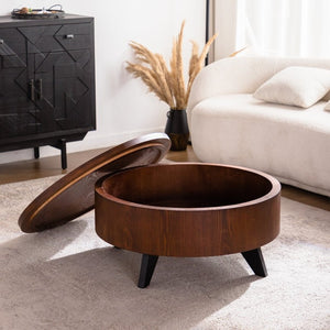 English Elm 30.71 Round Flip Top Storage Coffee Table Solid Wood Radial Grain Mid-Century Modern W3158P489271