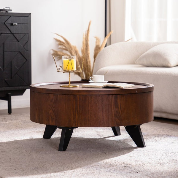 English Elm 30.71 Round Flip Top Storage Coffee Table Solid Wood Radial Grain Mid-Century Modern W3158P489271