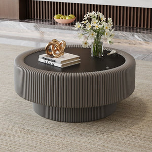 English Elm 31.5" Round Leather Fluted Coffee Table Tempered Glass Top Hidden Storage Modern W3158P494567
