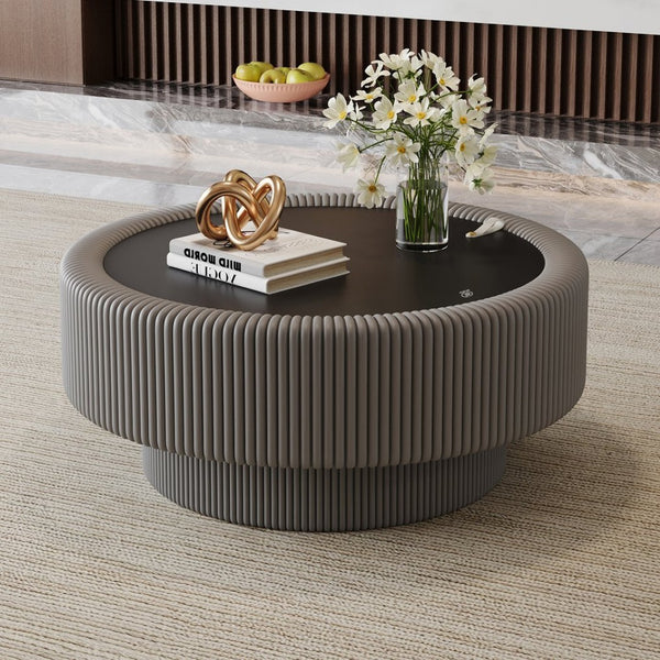 English Elm 31.5" Round Leather Fluted Coffee Table Tempered Glass Top Hidden Storage Modern W3158P494567