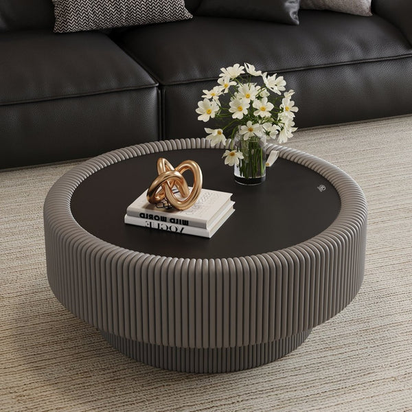 English Elm 31.5" Round Leather Fluted Coffee Table Tempered Glass Top Hidden Storage Modern W3158P494567