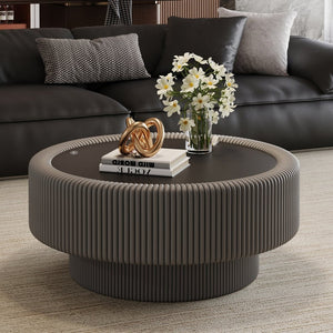 English Elm 31.5" Round Leather Fluted Coffee Table Tempered Glass Top Hidden Storage Modern W3158P494567