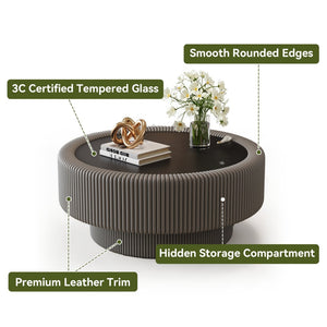 English Elm 31.5" Round Leather Fluted Coffee Table Tempered Glass Top Hidden Storage Modern W3158P494567