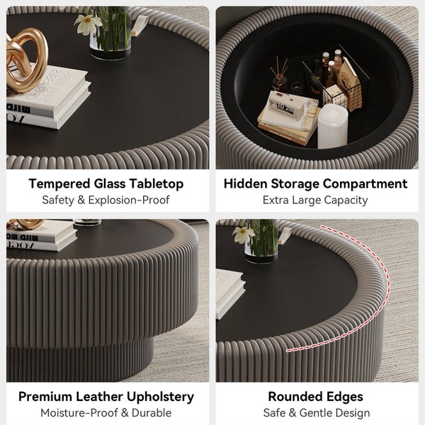 English Elm 31.5" Round Leather Fluted Coffee Table Tempered Glass Top Hidden Storage Modern W3158P494567