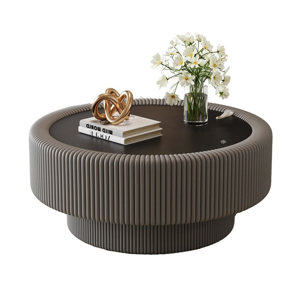 English Elm 31.5" Round Leather Fluted Coffee Table Tempered Glass Top Hidden Storage Modern W3158P494567