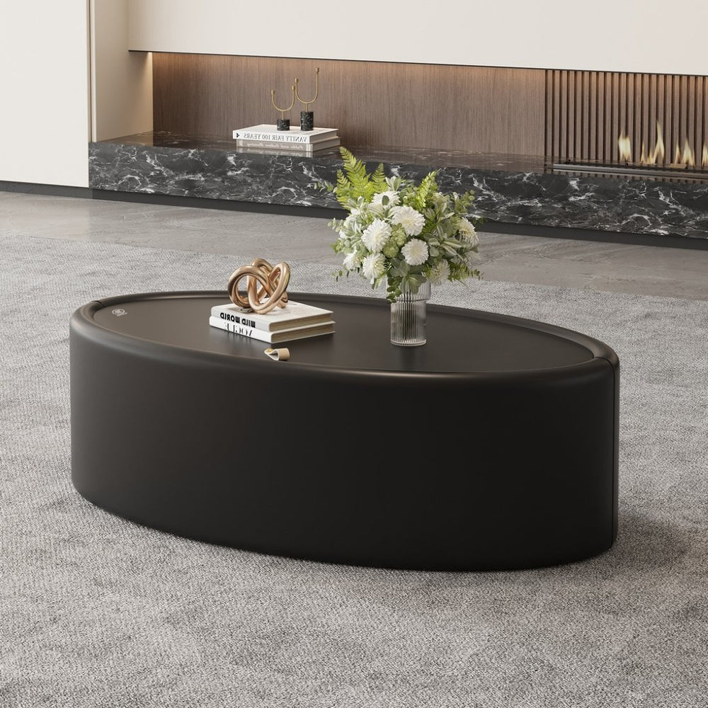 English Elm 33.46 Oval Faux Leather Coffee Table with Flip Open Hidden Storage and Tempered Glass Top W3158P496084