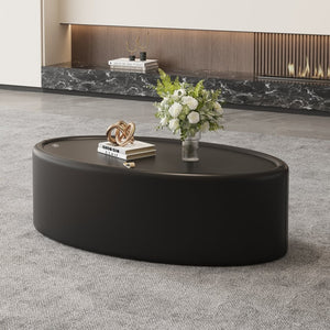 English Elm 33.46 Oval Faux Leather Coffee Table with Flip Open Hidden Storage and Tempered Glass Top W3158P496084
