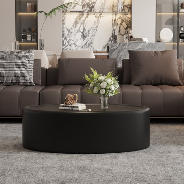 English Elm 33.46 Oval Faux Leather Coffee Table with Flip Open Hidden Storage and Tempered Glass Top W3158P496084